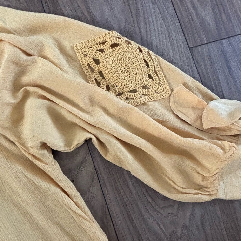 Boho Off Shoulder Tie Sleeve Mustard Yellow Top - Picture 5 of 9